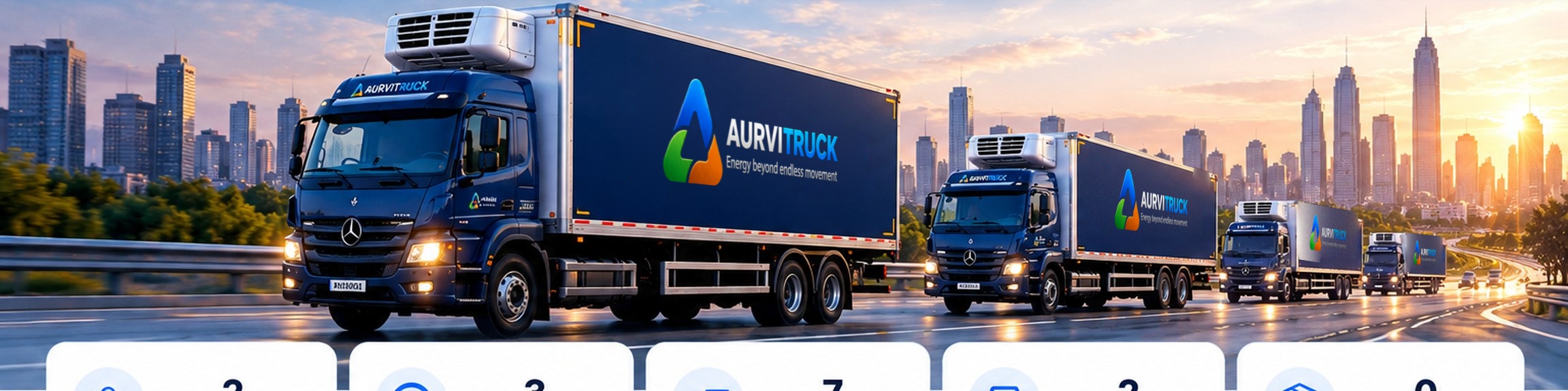 Movezle AURVITRUCK trucks moving in convoy on an Indian highway at sunset