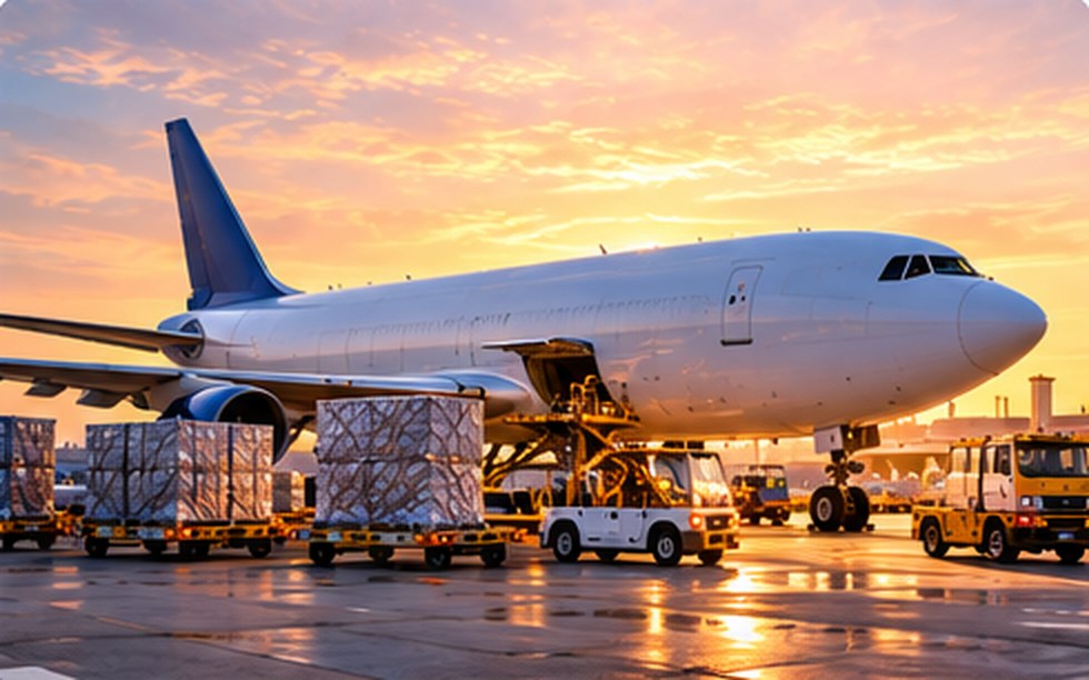 Cargo aircraft loading at sunset